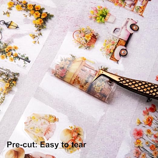 Floral Sea PET Tape Set, 3 Rolls Pre-Cut Botanical Stickers - Image 3