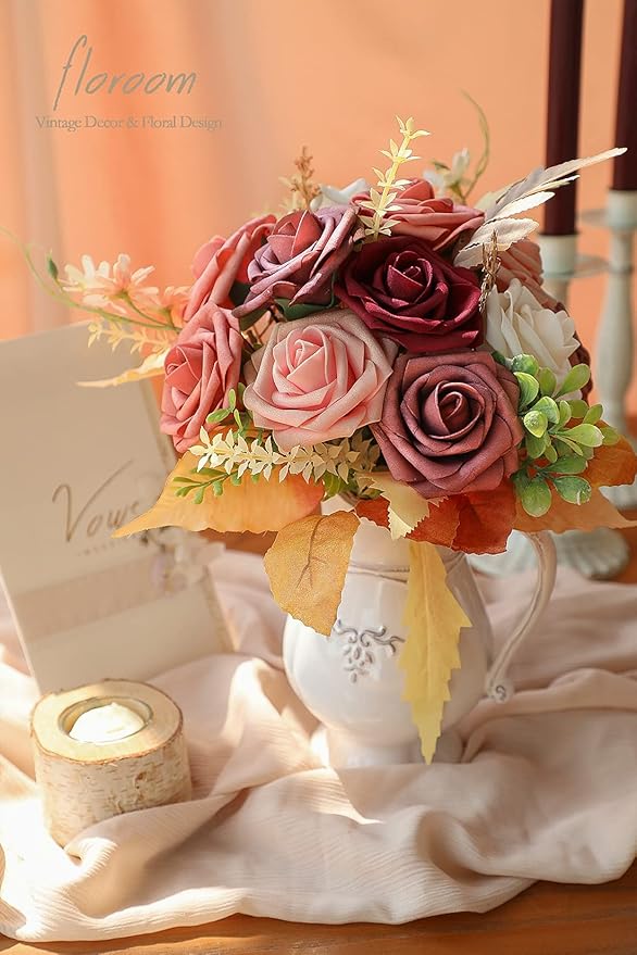 Floroom Artificial Flowers 25pcs Real Looking Burgundy Ombre Colors Foam Fake - Image 4