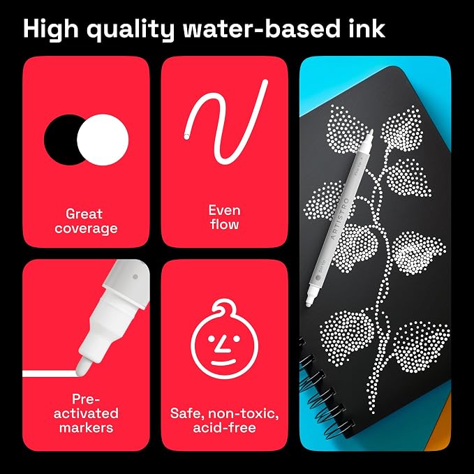 ARTISTRO 5 White Dual Tip Brush + Fine Acrylic Paint Markers - Image 4