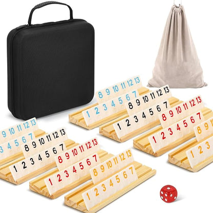 2-8 Players Rummy Game Set, 214 Melamine Tiles, 8 Wooden Racks, Drawstring Bag by Soopotay