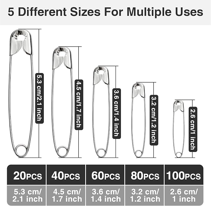 Silver Safety Pins 300 PCS, 5 Assorted Sizes of Durable, Small and Large Safety - Image 2