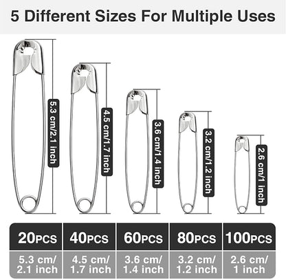 Silver Safety Pins 300 PCS, 5 Assorted Sizes of Durable, Small and Large Safety - Image 2