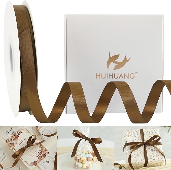 HUIHUANG Brown Satin Ribbon 1/2 inch Continuous 50 Yards Double-Faced Satin by HUIHUANG