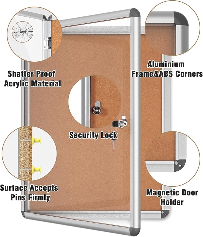 26"x20" Enclosed Bulletin Board, Lockable Weather-Resistant Aluminum Cork - Image 3