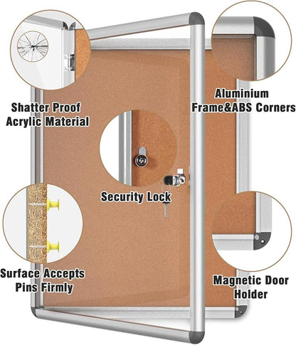 26"x20" Enclosed Bulletin Board, Lockable Weather-Resistant Aluminum Cork - Image 3