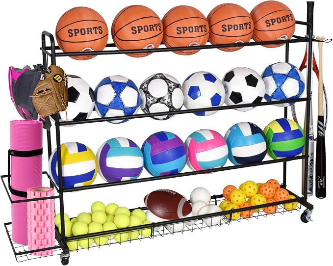 Basketball Rack, Shooting Training Rolling Ball Stand, Garage Organizer by ELKCIP
