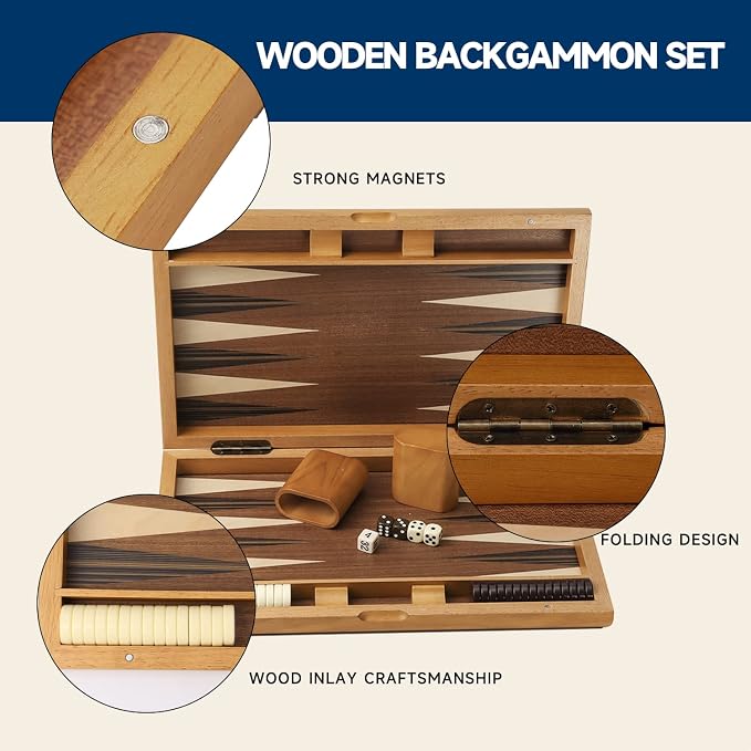 GSE Games & Sports Expert Premium Wooden Folding Inlay Backgammon Board Game Set - Image 3