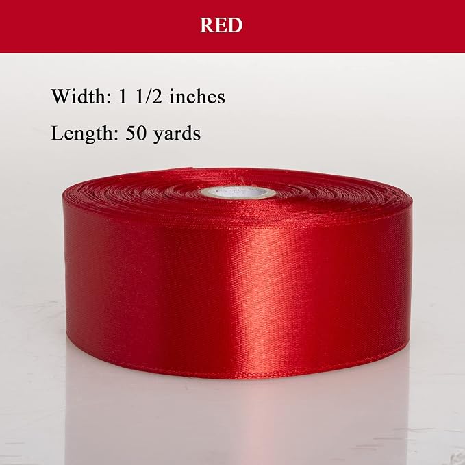 1 1/2 Inch Red Solid Satin Ribbon, 50 Yards Craft Fabric Ribbon - Image 2