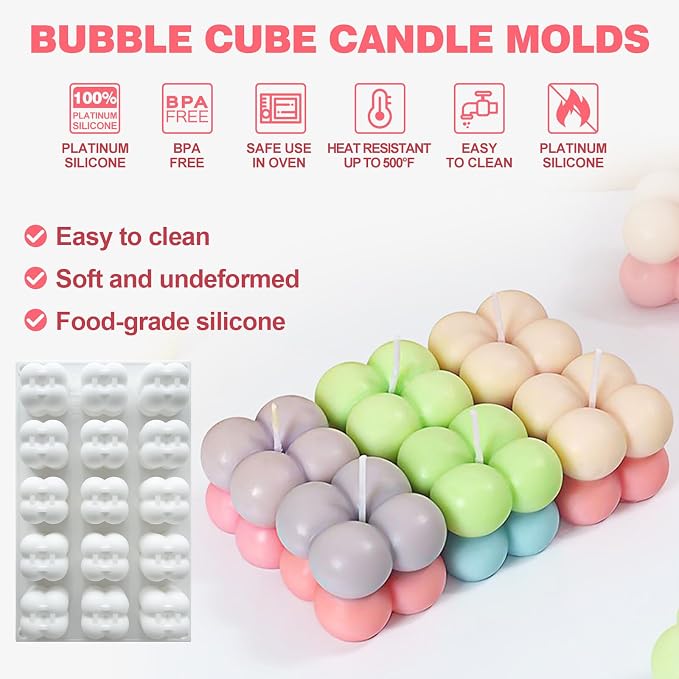 JDH 3D Bubble Candle Silicone Molds 15 Cavity Cube Silicone Candle Molds Soap - Image 3