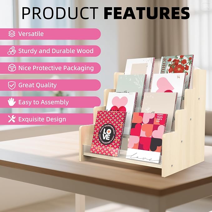 4-Tier Wooden Greeting Card Display Stand, Acrylic Brochure Holder - Image 2