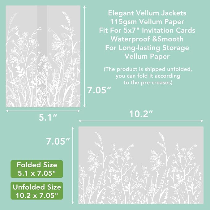 SWANGSA 50 Pack Vellum Jackets for 5x7 Invitations, Elegant White Wildflower - Image 2