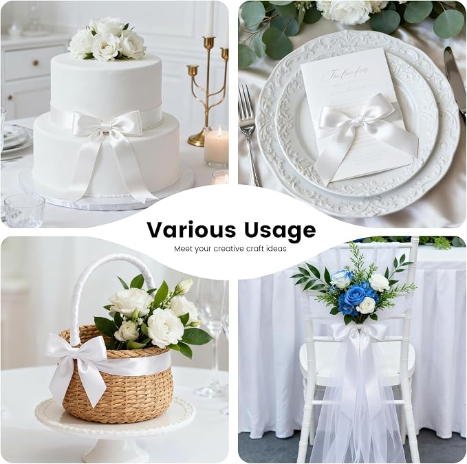 1-1/2 Inch 25 Yards Satin Ribbon White, Solid Color Fabric Ribbon - Image 6