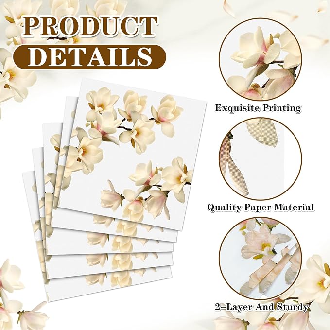 60 Pcs White Magnolia Floral Cocktail Paper Napkins 6.5 x 6.5 Inches Disposable - Image 3
