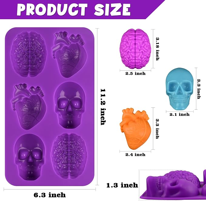 Sakolla Skull Brain and Heart Silicone Mold, 2 Pack Halloween Baking Molds - Image 3