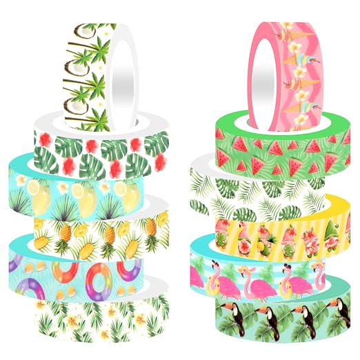 12 Rolls Fruits Washi Tapes, Hawaiian Leaves Cactus Masking Tapes, Colorful by Unknown