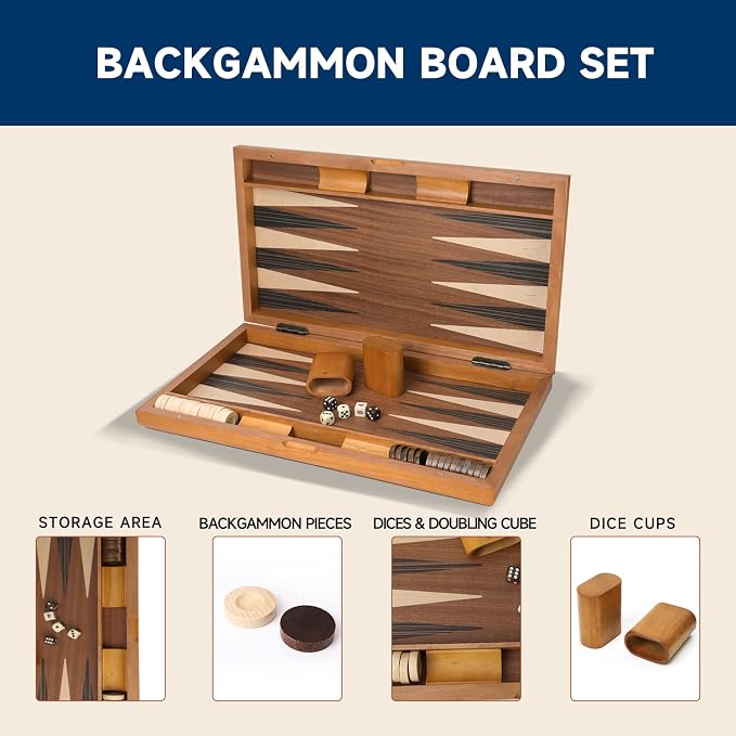 GSE Games & Sports Expert Premium Wooden Folding Inlay Backgammon Board Game Set - Image 2