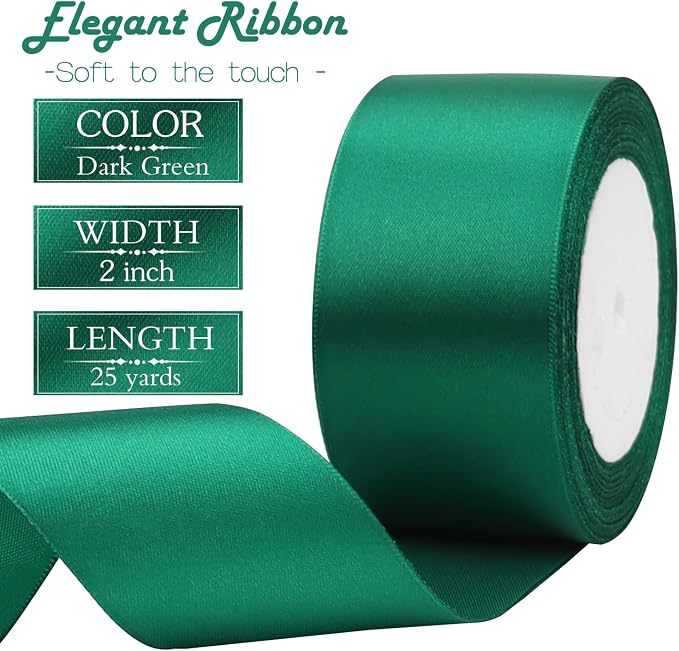 Dark Green Solid Satin Ribbon 2 Inch 25 Yards Solid Polyester Fabric Ribbon - Image 3