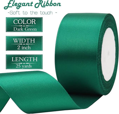 Dark Green Solid Satin Ribbon 2 Inch 25 Yards Solid Polyester Fabric Ribbon - Image 3