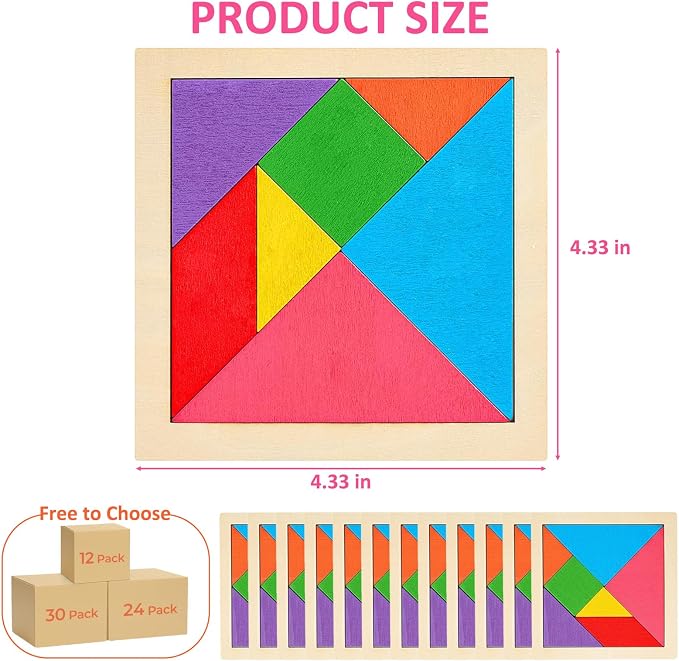 12 Pack Tangram Puzzle Wooden Kids Party Favors, Goodie Bags Stuffers - Image 2