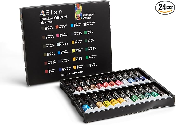 Elan Professional Oil Paint Set, 24 Vibrant Colors Mini Tubes 0.4fl oz by Elan