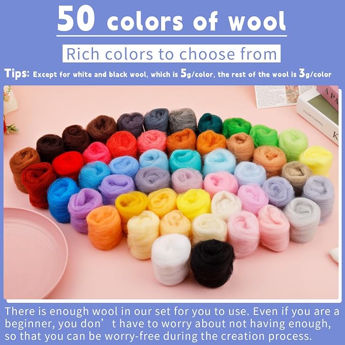 IMZAY 50 Colors 5.4 Oz Needle Felting Wool, 3g/Pack Wool Roving Yarn - Image 2