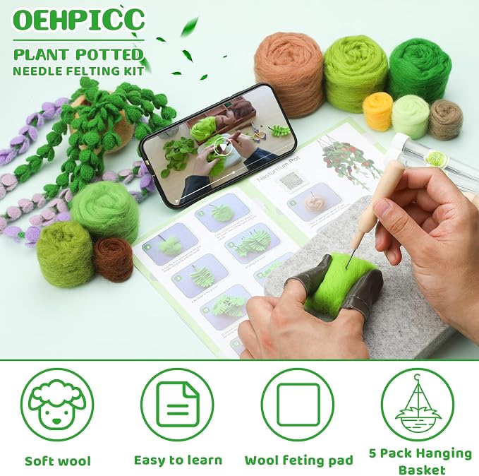 OEHPICC Needle Felting Kit, 5 Pack Hanging Plants Needle Felt Beginner Kit - Image 4