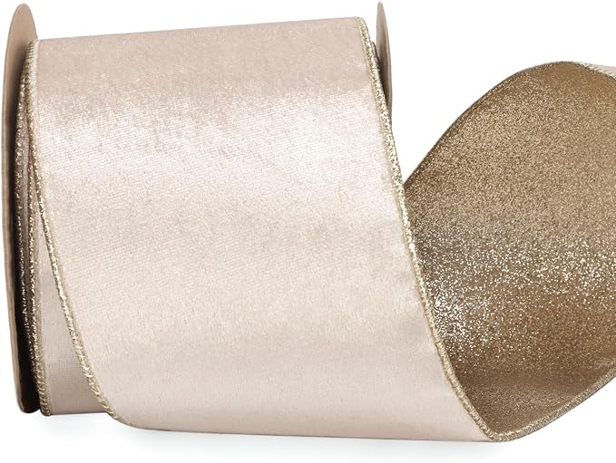 Ribbli Light Champagne Velvet Wired Ribbon 4 Inch Ivory Velvet by Ribbli