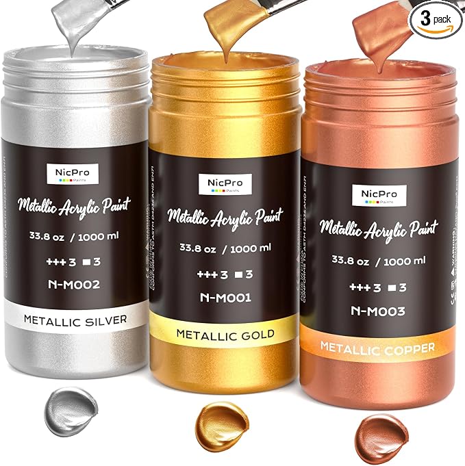 Nicpro Large Acrylic Paint Metallic, 3 Colors Gold, Copper 101.4oz/3000ml Gold by Nicpro