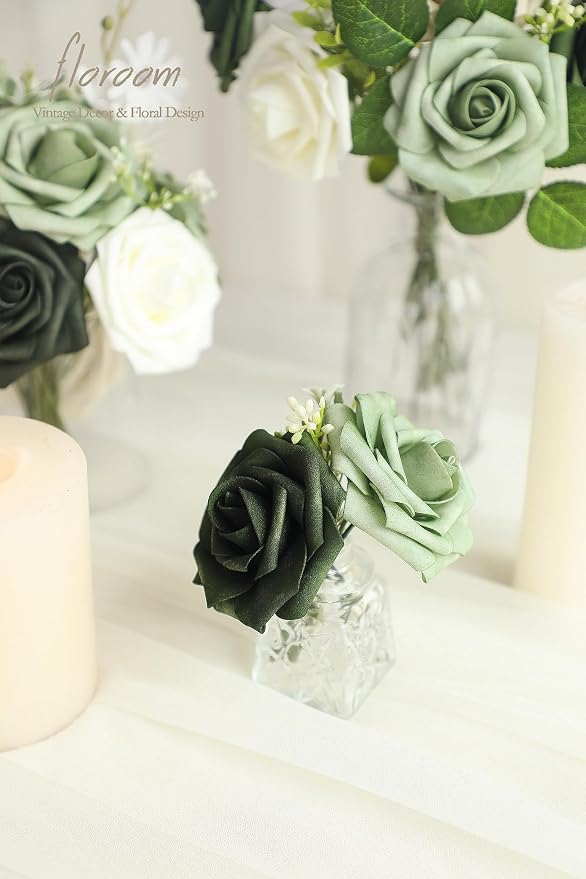 Floroom Artificial Flowers 25pcs Real Looking Emerald Green Ombre Colors Foam - Image 3