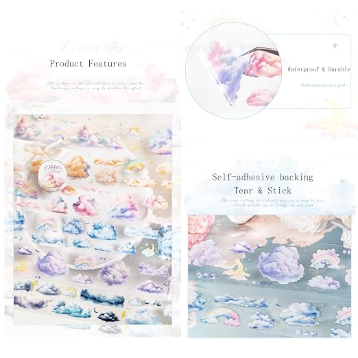 6 Rolls Cloud PET Tape Set, Pre-Cut Sky Ephemera Stickers - Image 5