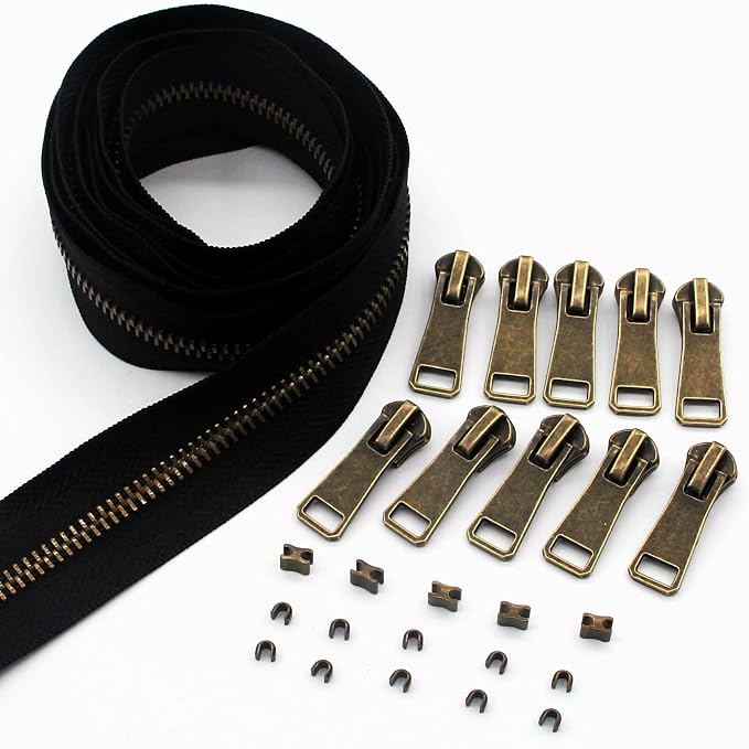 #5 Antique Brass Metal Zippers by The Yard Bulk 2 Yards Black Tape by Leekayer