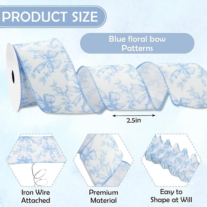 Blue Floral Bow Wired Edge Ribbon Chinoiserie Flower Bowknot Fabric Ribbon - Image 2