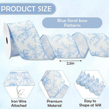 Blue Floral Bow Wired Edge Ribbon Chinoiserie Flower Bowknot Fabric Ribbon - Image 2