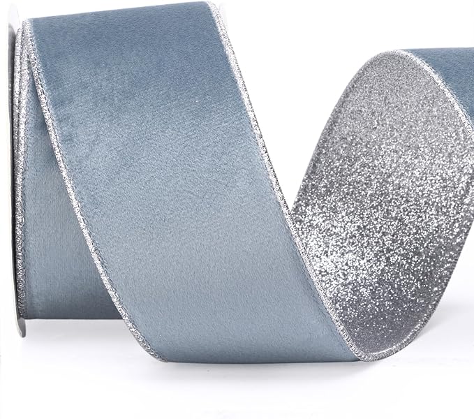Ribbli Dusty Blue Velvet Wired Ribbon 2.5 Inch Dusty Blue Velvet by Ribbli