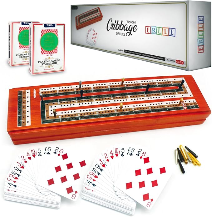 ERLLE - Wooden Cribbage Board Game Set, Continuous 3 Track Wooden Board by Erlle