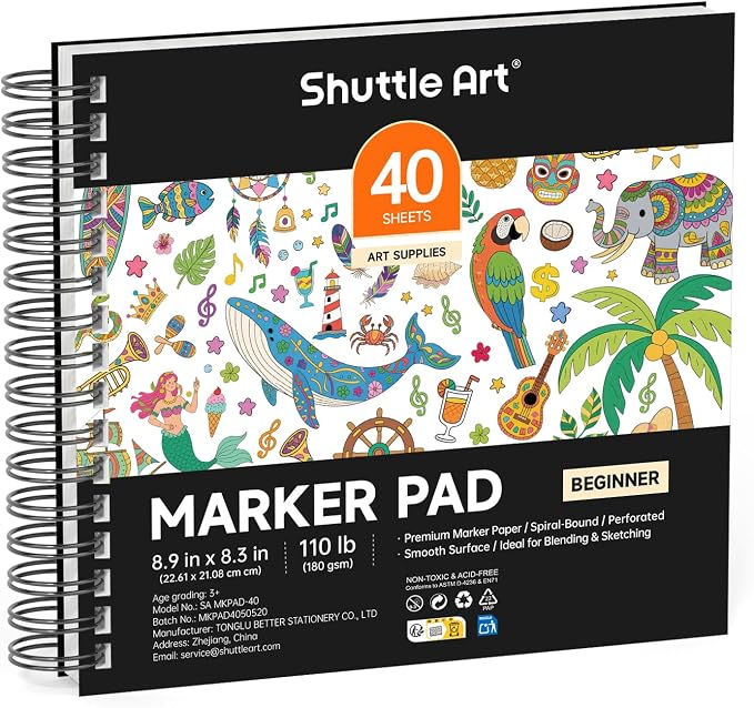 Shuttle Art Marker Pad, 8.9”x8.3” Portable Sketchbook, 40 Sheets Marker Drawing by ShuttleArt
