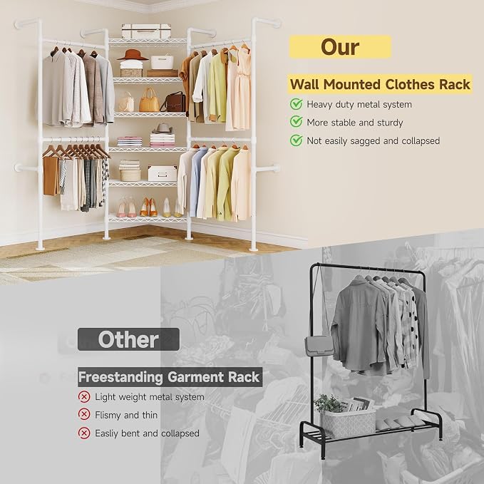 L3 Industrial Pipe Closet Organizer System, Wall Mounted Clothes Rack Clothing - Image 4