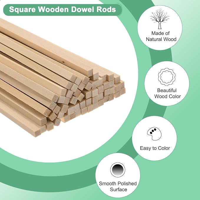 10-Pack Wood Square Dowel Rods, 13/64 x 12 Inch Unfinished Wooden Square Dowel - Image 2