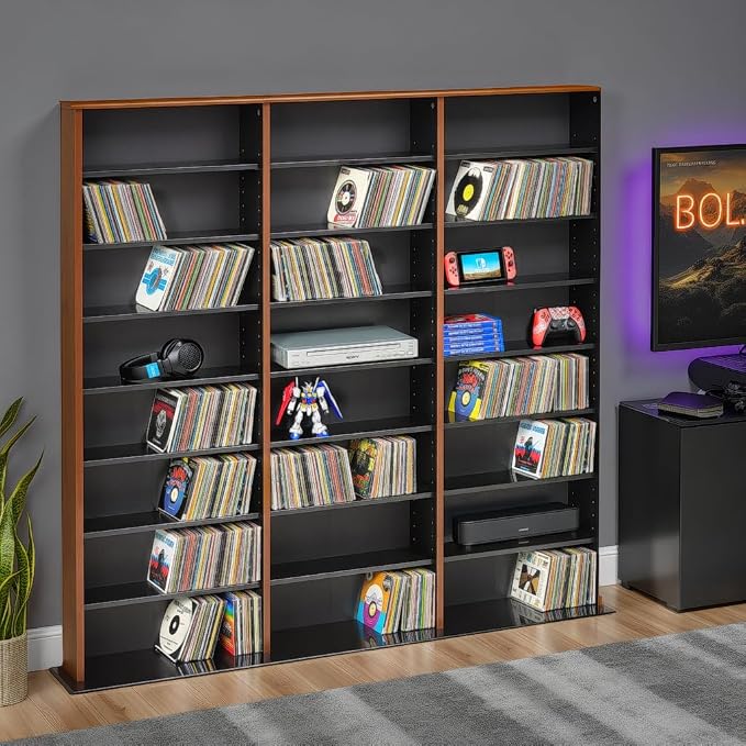 Prepac 3 Column Tall Cabinet Media Storage, Triple Width Wall, Cherry/Black - Image 2