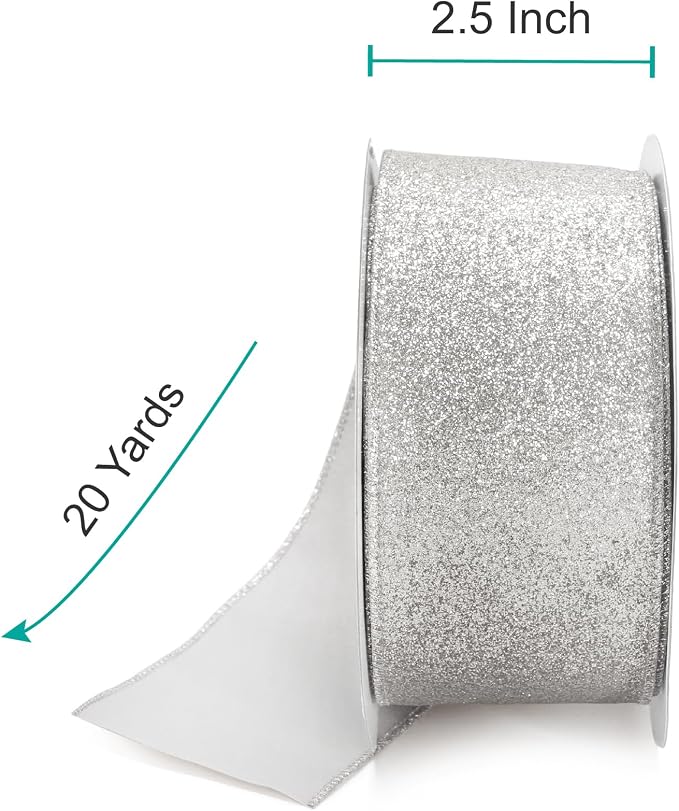 CT CRAFT LLC Glitter Wired Ribbon 2.5" x 20 Yards Silver - Image 2