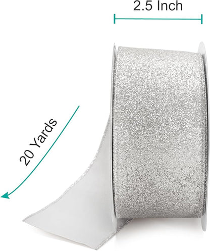 CT CRAFT LLC Glitter Wired Ribbon 2.5" x 20 Yards Silver - Image 2
