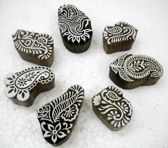 Wholesale Pack of Seven Paisley Design Wooden Block Stamps/Tattoo/Indian by CraftsofIndia