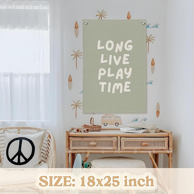 Playroom Decor, Long Live Playtime Wall Hanging Linen Banner, Sage Green - Image 2