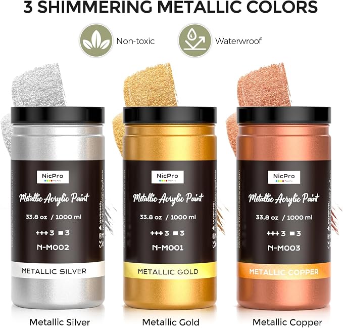 Nicpro Large Acrylic Paint Metallic, 3 Colors Gold, Copper 101.4oz/3000ml Gold - Image 4