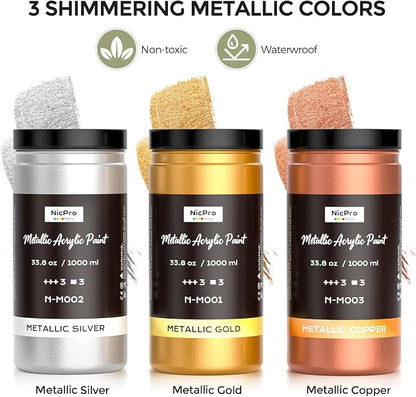 Nicpro Large Acrylic Paint Metallic, 3 Colors Gold, Copper 101.4oz/3000ml Gold - Image 4