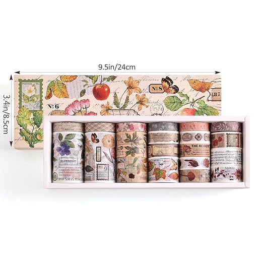 20 Rolls Vintage Washi Tape Set, Floral Letter Butterfly Mushroom Botanical - Image 3