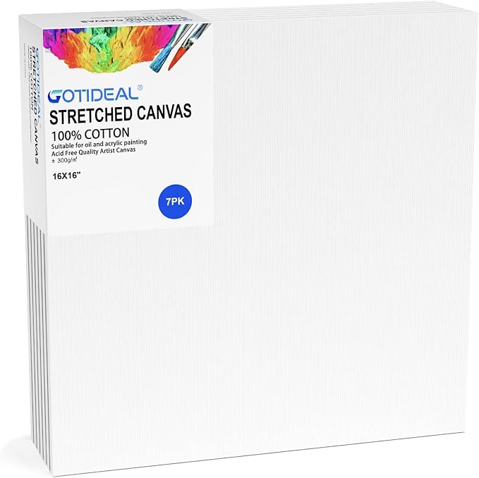 GOTIDEAL Stretched Canvases for Painting, 16x16 Inch Set of 7, Primed White by GOTIDEAL