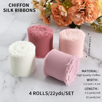 TONIFUL 4 Rolls Silk Chiffon Ribbon, 1-1/2 Inch x 22yds, Dusty Pink and Cream - Image 2