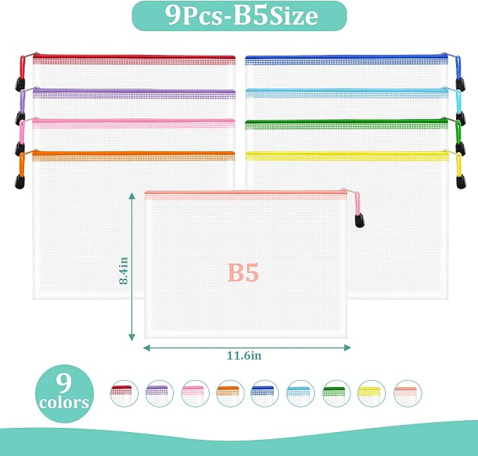 9pcs Mesh Zipper Pouch Bags, B5 Mesh Pouch, Plastic Zipper Pouches, 9 Colors - Image 2
