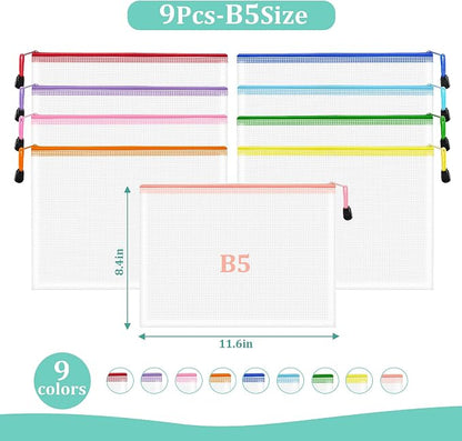 9pcs Mesh Zipper Pouch Bags, B5 Mesh Pouch, Plastic Zipper Pouches, 9 Colors - Image 2